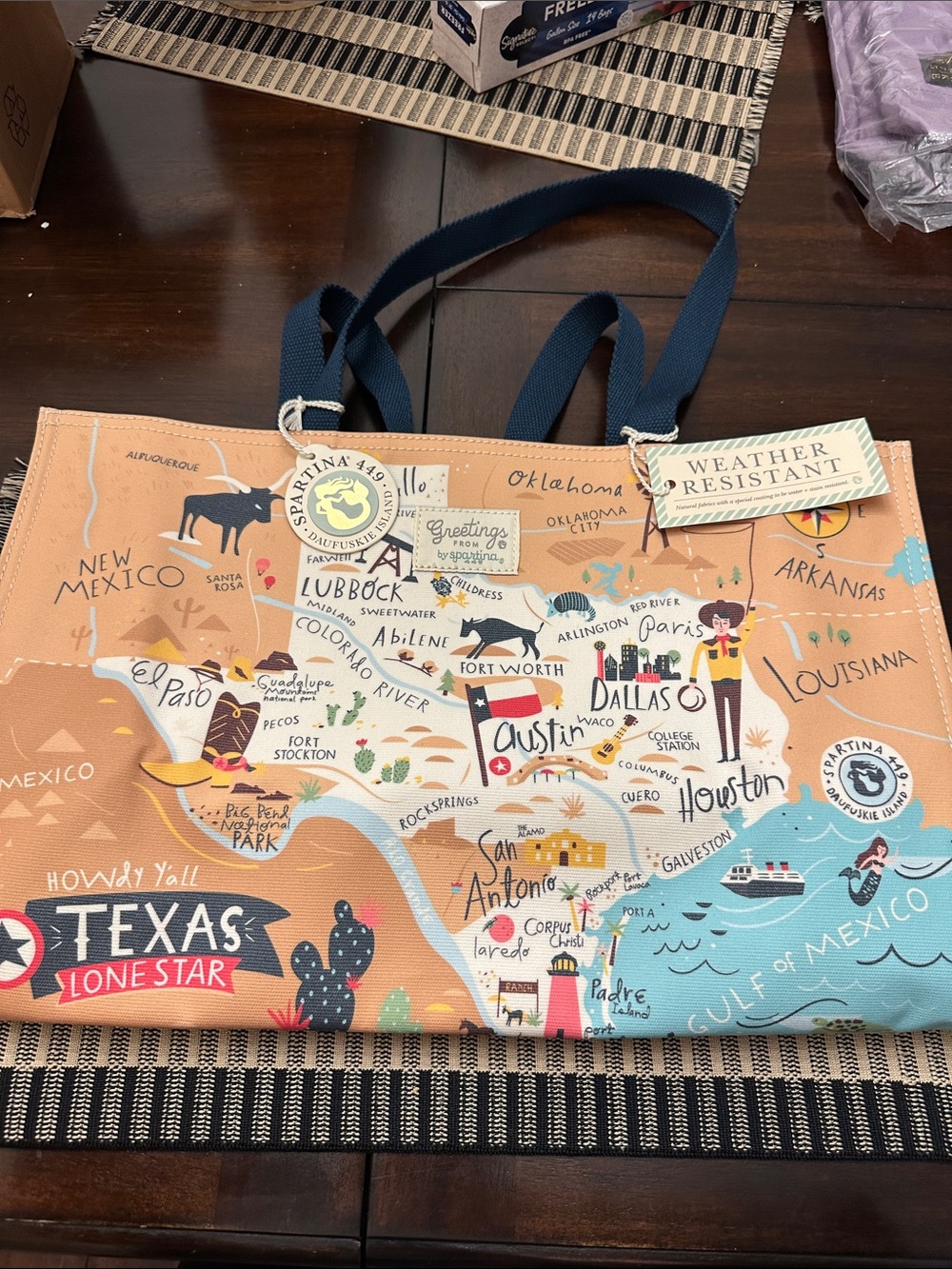 Weather Resistant Texas Map Tote Bag - Beige with Navy Straps